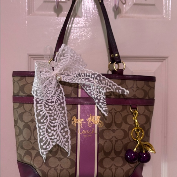 Coach Tan and Purple Tote with Lace Bow - Picture 1 of 7